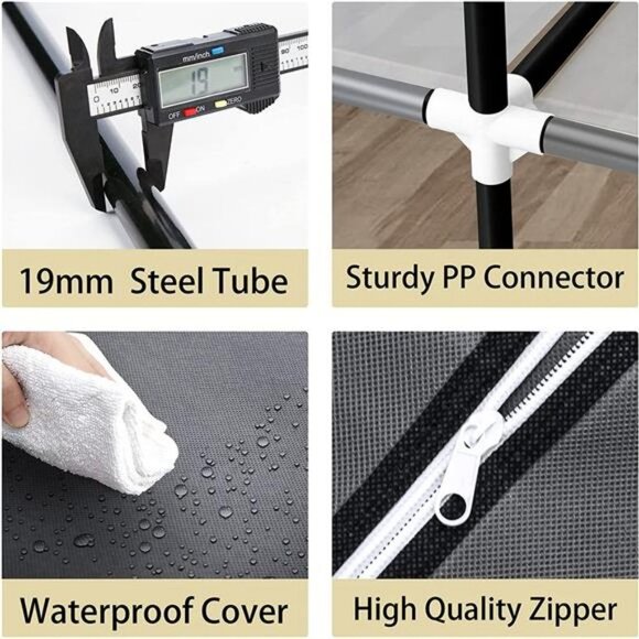 61Inch Portable Wardrobe with 3 Hanging Rods and 6 Storage Shelves, Grey - Picture 4 of 6